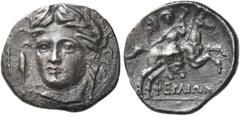 Ancient Greek Coins Pherai Hemidrachm circa 280-270, AR 2.51 g. Head of the nymph Hypereia facing, slightly l., wearing wreath of reeds, earring and necklace; in l. field, fish swimming upwards. Rev. 