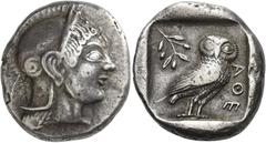 Ancient Greek Coins Attica, Athens Tetradrachm, Civic mint circa 510-500/490, AR 17.09 g. Head of Athena r., wearing crested Attic helmet and disc earring. Rev. AΘΕ Owl standing r. with closed wings, 
