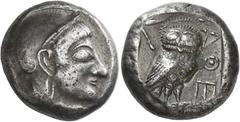 Ancient Greek Coins Attica, Athens Tetradrachm circa 500-480, AR 17.87 g. Head of Athena r., wearing crested Attic helmet and earring. Rev. AΘΕ Owl standing r. with closed wings, head facing; in upper
