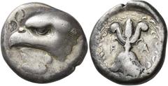 Ancient Greek Coins Elis, Olympia Stater signed by Da circa 400, 93rd Olympiad, AR 12.10 g. Eagle's head l., below, poplar leaf inscribed [ΔΑ]. Rev. F – A Winged thunderbolt flanked by two olive twigs