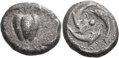 Ancient Greek Coins Melos Stater circa 425-415, AR 14.04 g. Apple with stem. Rev. [M]AΛ – ION Three dolphins swimming around a large central pellet, all within a dotted circle within a shallow incuse 