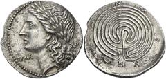Ancient Greek Coins Crete, Cnossus Tetradrachm circa 80, AR 13.76 g. Laureate head of Apollo l.; in fields, ΠOΛ –XOΣ. Rev. KNΩ – Σ – I – ΩN Labyrinth. BMC 41 (these dies). SNG Lockett 2542 (these dies