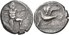 Ancient Greek Coins Praisos Stater circa 350, AR 11.03 g. Heracles (?) kneeling r., holding bow and arrow. Rev. Dove flying l. within linear frame. Traité III, 1445 and pl. CCXLV, 16. Svoronos, Crete 