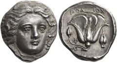 Ancient Greek Coins Rhodes Tetradrachm circa 380, AR 15.23 g. Head of Helios facing three-quarters r. Rev. ΡΟΔ – ΙΟΝ Rose with bud to l.; in r. field, barley ear and in l. field, Φ. All within incuse 