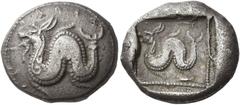 Ancient Greek Coins Dynasts of Lycia, Uncertain, circa 500 – 440 Stater circa 500-440, AR 9.30 g. Bearded sea-serpent swimming l. Rev. Bearded sea-serpent swimming l., all within a dotted square borde