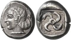 Ancient Greek Coins Teththiveibi, circa 440 – 430 Stater, Antiphelos (?) circa 440-430, AR 9.85 g. Head of Aphrodite l. wearing earring and necklace and pearl-band. Rev. tetthiweibi in Lycian characte
