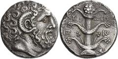 Ancient Greek Coins Cyrene Tetradrachm circa 300, AR 14.38 g. Head of Zeus Ammon r., with a ram's horn. Rev. KY – PH Silphium plant with three pairs of leaves; in fields, two monograms and below r., c