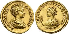 Roman Gold Coins Geta caesar, 198 – 209 Aureus 200, AV 7.25 g. P SEPT GETA – CAES PONT Bare-headed, draped and cuirassed bust r. Rev. SEVERI INVICTI AVG PII FIL Half-length and radiate bust (Caracalla