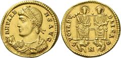 Roman Gold Coins Valens, 364 – 378 Solidus, Nicomedia quinquennalia 368, AV 4.44 g. D N VALE– NS AVG Pearl-diademed bust l., wearing imperial mantle and holding mappa in r. hand and sceptre in l. Rev.
