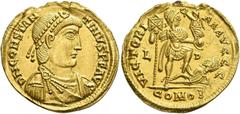 Roman Gold Coins Constantinus III, 407 – 411 Solidus, Lugdunum 408-409, AV 4.46 g. D N CONSTAN – TINVS P F AVG Pearl-diademed, draped and cuirassed bust r. Rev. VICTORI – AA AVGGG Emperor standing r.,