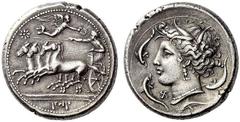 Part I Greek coins Panormus Tetradrachm circa 350-320, AR 17.06 g. Fast quadriga driven l. by charioteer, holding reins and kentron, about to be crowned by Nike flying towards him; above outer horse’s