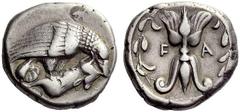 Part I Greek coins Elis Stater circa 420, 90th Olympiad, AR 11.94 g. Eagle perched r. on dead hare. Rev. F – A Thunderbolt; all within olive wreath. Seltman 141. BCD Olympia 59 (this obverse die). Ver