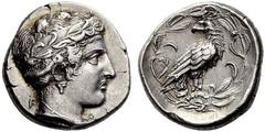 Part I Greek coins Elis Stater, Hera circa 372, 102nd Olympiad, AR 12.21 g. F – A Head of Hera r., wearing stephane ornamented with olive leaves, earring and necklace. Rev. Eagle standing r., looking 