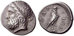 Part I Greek coins Elis Stater circa 356, 106th Olympiad, AR 12.22 g. Laureate head of Zeus l. Rev. FAΛ − ΕΙΩΝ Eagle, with closed wings, standing r. on Ionic column capital. SNG Delepierre 2147 (this 