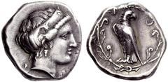 Part I Greek coins Elis Stater circa 356, 106th Olympiad, AR 11.92 g. F – A Head of Hera r., wearing stephane ornamented with a palmette and a lily. Rev. Eagle, with closed wings, standing l. with hea