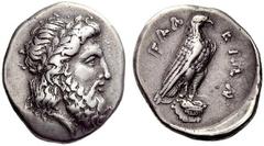 Part I Greek coins Elis Stater circa 352, 107th Olympiad, AR 11.96 g. Laureate head of Zeus r. Rev. FAΛ − ΕΙΩΝ Eagle, with closed wings, standing r. on Ionic column capital. SNG Copenhagen 386 (these 