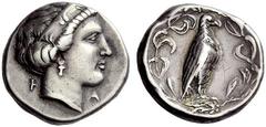 Part I Greek coins Elis Stater, Hera circa 352, 106th Olympiad, AR 12.07 g. F – A Head of Hera r., wearing stephane ornamented with two palmettes and a lily. Rev. Eagle, with closed wings, standing r.