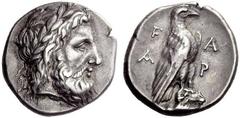 Part I Greek coins Elis Stater circa 340, 110th Olympiad, AR 12.20 g. Laureate head of Zeus r. Rev. F – A / A – P Eagle, with closed wings, perched r. on the head of a ram. Kraay-Hirmer pl. 158, 505 (