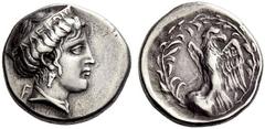 Part I Greek coins Elis Stater, Hera circa 336, 111th Olympiad, AR 12.11 g. F – A Head of Hera r., wearing earring and stephane inscribed FΑΛΕΙΩΝ. Rev. Eagle, with open wings, standing l. on unidentif