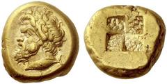 Part I Greek coins Cyzicus Stater circa 380, EL 16.03 g. Bearded and horned head of Silenus (or Pan) l., wearing ivy wreath; below neck truncation, tunny. Rev. Quadripartite incuse square with granula