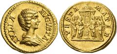 The Roman Empire Julia Domna, wife of Septimius Severus Aureus 196-211, AV 7.15 g. IVLIA – AVGVSTA Draped bust r. Rev. VESTA – MATER Six Vestals sacrificing over altar, in front of temple of Vesta. C 