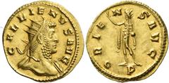 The Roman Empire Gallienus, 253 – 268 Aureus, Mediolanum 260-268, AV 3.96 g. GALLIENVS AVG Radiate bust r., with shield hung behind r. shoulder and drapery on l. Rev. ORIE – N – S AVG Sol standing l.,