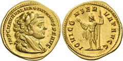 The Roman Empire Maximianus Herculius first reign, 286 – 305 Aureus 286, AV 5.26 g. IMP C M AVR VAL MAXIMIANVS P F AVG Head r., wearing lion's-skin headdress. Rev. IOVI CO – NSER – VAT AVGG Jupiter st