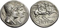 Greek Coins Bruttium, The Brettii Reduced quadrigatus circa 215-205, AR 5.61 g. Jugate busts of the Dioscuri r., wearing chlamydes and laureate pilei; above, two stars and in l. field, cornucopia and 