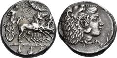 Greek Coins Camarina Tetradrachm circa 425-405, AR 16.76 g. [KAMAPINAIΩN] retrograde Athena driving galloping quadriga r.; above, Nike flying l. and placing wreath tied with a fillet on Athena's head.
