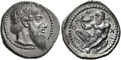 Greek Coins Naxos Drachm circa 461-430, AR 3.77 g. Bearded and ivy-wreathed head of Dionysus r. Rev. N – A – XI – ON Naked, bearded Silenus, with pointed ears, ruffled hair and long tail, facing squat