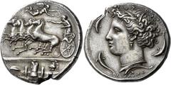 Greek Coins Syracuse Decadrachm signed by Euainetos circa 400 BC, AR 43.19 g. Fast quadriga driven l. by charioteer, holding reins and kentron; in field above, Nike flying r. to crown him. In exergue,