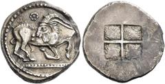 Greek Coins The Krestonians or Mygdonians Stater circa 485-480, AR 8.63 g. Goat kneeling r., head reverted; above, dotted Θ. Rev. Quadripartite incuse square. Svoronos, Hellénisme Primitif pl. I, 2. (