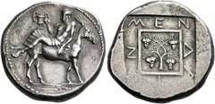 Greek Coins Macedonia, Mende Tetradrachm circa 423, AR 16.90 g. Elderly Dionysus, wearing ivy wreath and himation, reclining on mule's back l., holding cantharus with r. hand and resting l. on the ani