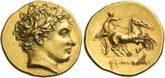 Greek Coins Philip II, 359 – 336 and posthumous issues Stater, Amphipolis circa 323-315, AV 8.59 g. Laureate head of Apollo r. Rev. ΦΙΛΙΠΠΟΥ Prancing biga r., driven by charioteer holding kentron and 
