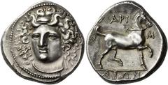 Greek Coins Thessaly, Larissa Didrachm 350-300, AR 12.19 g. Head of the nymph Larissa facing three-quarters l., wearing ampyx, earring and necklace. Rev. ΛAPI – Σ / AIΩN Bridled horse advancing r., r.