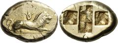Greek Coins Asia Minor, Uncertain mint Stater circa 500-480, EL 14.05 g. Lion lying down r.; above, lotus flower. Rev. A rectangular incuse with rough surface between two square incuses with rough sur