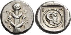 Greek Coins Cyrenaica, Barce Tetradrachm circa 465, AR 17.18 g. Silphium plant; in lower field, A – I. Rev. B – A – P – K Head of Zeus Ammon r., within dotted circle. All within incuse square. Traité 