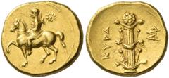 Greek Coins Cyrene Tetrobol circa 308-305, AV 2.83 g. Rider on horseback prancing l.; above, star. Rev. KYPA Silphium plant, monogram in r. field. SNG Copenhagen 1232 (this obverse die). BMC 211 and p