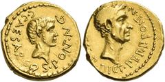 The Roman Republic Octavian. Aureus, Gallia Transalpina and Cisalpina 43, AV 8.16 g. C·CAESAR·COS·PONT·AVG Bare and bearded head of Octavian r. Rev. [ C·CAESAR]· DICT·PERP·PONT·MAX Laureate head of Iu