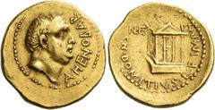 The Roman Republic Cn. Domitius Ahenobarbus. Aureus, mint moving with Ahenobarbus in 41 BC, AV 8.00 g. AHENOBAR Bare male head (Ahenobarbus?) r. Rev. CN·DOMITIVS·L·F IMP Tetrastyle temple; in upper fi