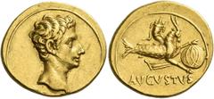 The Roman Empire Octavian as Augustus, 27 BC – 14 AD Aureus, Colonia Patricia circa 18-16 BC, AV 7.90 g. Bare head r. Rev. AVGVSTVS Capricorn r., holding globe attached to rudder, cornucopia above its
