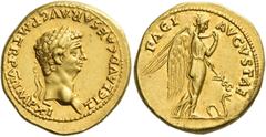 The Roman Empire Claudius augustus, 41 – 54 Aureus circa 46-47, AV 7.72 g. TI CLAVD CAESAR AVG P M TR P VI IMP XI Laureate head r. Rev. PACI – AVGVSTAE Pax-Nemesis advancing r., holding in l. hand cad