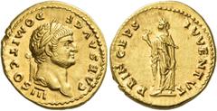 The Roman Empire Domitian caesar, 69 - 81 Aureus 74-75, AV 7.39 g. CAES AVG F – DOMIT COS III Laureate head r. Rev. PRINCEPS – IVVENTVT Spes advancing l., holding flower and raising robe. C 374. BMC V