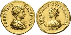 The Roman Empire Geta caesar, 198 – 209 Aureus 200, AV 7.07 g. P SEPT GETA – CAES PONT Bare-headed, draped and cuirassed bust r. Rev. SEVERI INVICTI AVG PII FIL Half-length and radiate bust (Caracalla