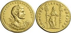 The Roman Empire Claudius II Gothicus, 268 – 270 Medallion of 8 aurei, Mediolanum circa 268, AV 38.75 g. IMP C M AVRL CLAVDIVS•P•F•AVG Laureate and cuirassed bust r., aegis on l. shoulder and toga pal