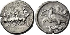 Greek Coins. Sicily, Agrigentum. Tetradrachm signed by magistrate Straton, circa 410-406, AR 17.07 g. [Α]ΚΡΑΓΑΝΤ[Ι–ΝΟΝ] Nike driving galloping quadriga l., holding kentron in l. hand, reins in both; a