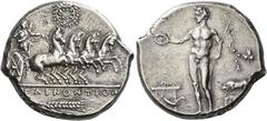 Greek Coins. Selinus. Tetradrachm circa 409, AR 17.34 g . Fast quadriga driven r. by Nike; above, wreath and in exergue, [Σ]ΕΛΙΝΟΝΤΙΟΝ / ear of barley. Rev. The young river-god Selinos, naked, standin