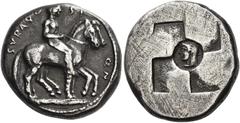 Greek Coins. Syracuse. Didrachm circa 510-490, AR 8.45 g. SVRA[?]O – SI – ON Horse rider advancing r., holding a second horse, by the reins, on the far side of him. Rev. Head of the nymph Arethusa l.,