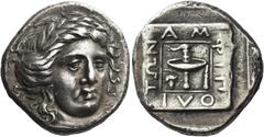 Greek Coins. Macedonia, Amphipolis. Tetradrachm circa 355-354, AR 14.4 g. Laureate head of Apollo with drapery around neck facing slightly r. Rev. AM-ΦIΠ-OΛI-TΩN within raised linear square enclosing 