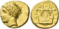 Greek Coins. Olynthus, the Chalcidian League. Stater circa 365-360, AV 8.55 g. Laureate head of Apollo l. Rev. X – A – Λ – KIΔ – EΩN Cithara. SNG ANS 468 var. (head r.) An apparently unrecorded variet